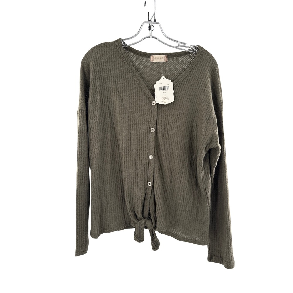 Altar'd‎ State Olive Green Waffle Knit Button Front Tie Hem Cardigan Top Small